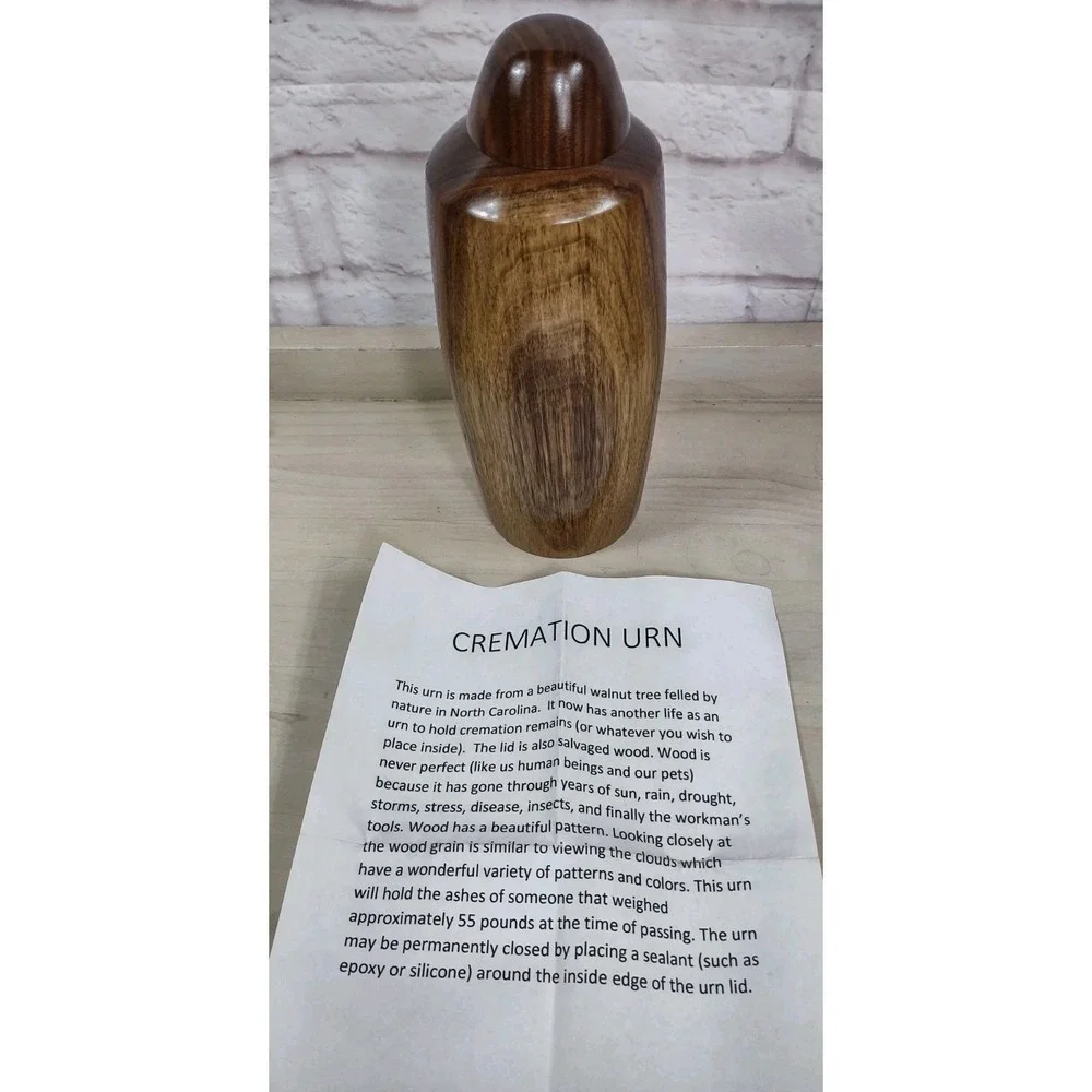 Dark Walnut Wood Urn For Cremation Natural Turned Wood NC Info Paper 9.5